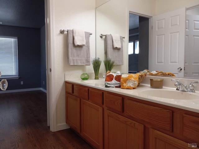 bathroom with vanity and hardwood / wood-style flooring