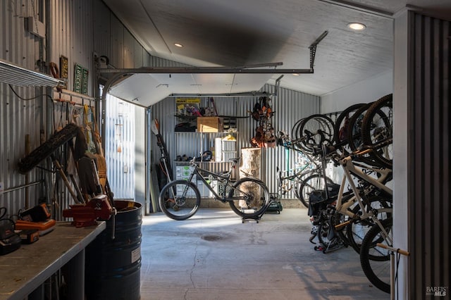 garage with a workshop area