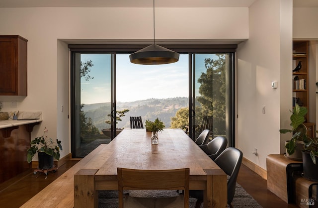 dining room featuring a mountain view and dark hardwood / wood-style floors