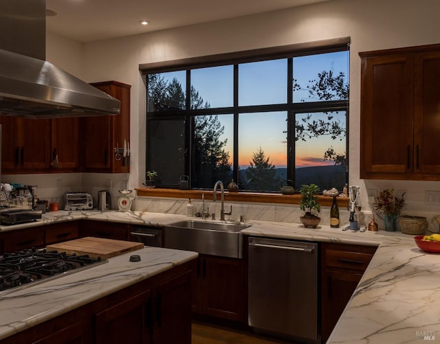 kitchen featuring sink, dishwasher, island range hood, gas stovetop, and light stone counters