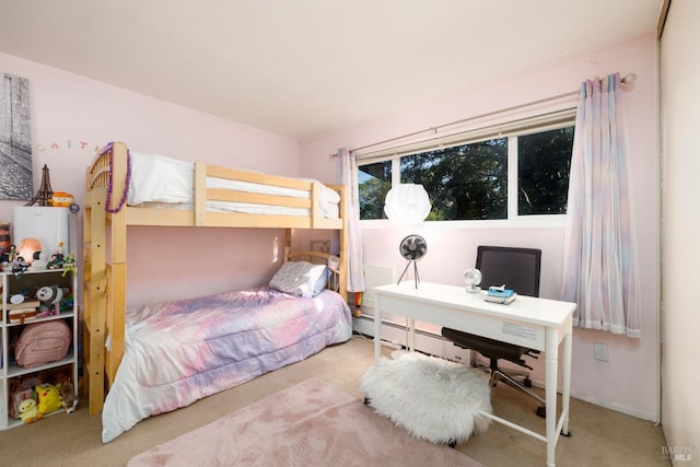 bedroom with light colored carpet