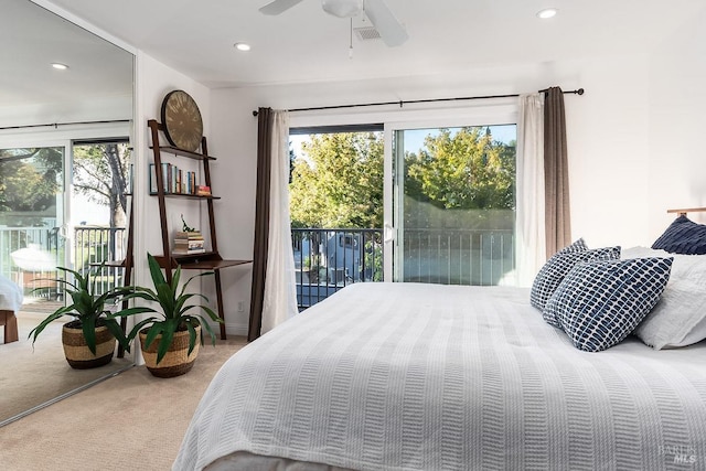 bedroom featuring carpet flooring, visible vents, recessed lighting, a ceiling fan, and access to exterior