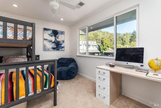 bedroom with visible vents, recessed lighting, and light carpet