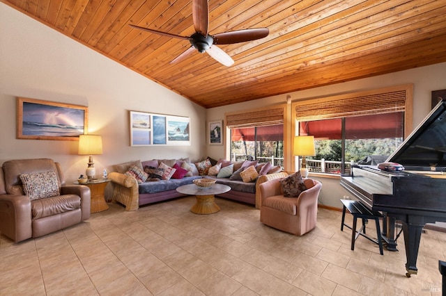 tiled living room with ceiling fan, wooden ceiling, and lofted ceiling