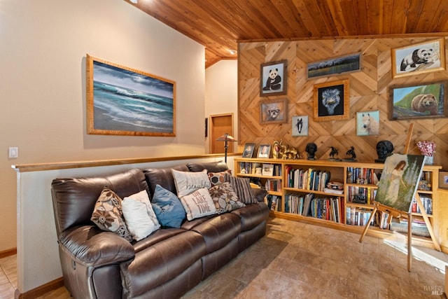 living room with lofted ceiling, wooden walls, and wooden ceiling