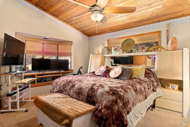 bedroom featuring wood ceiling, light carpet, lofted ceiling, and ceiling fan