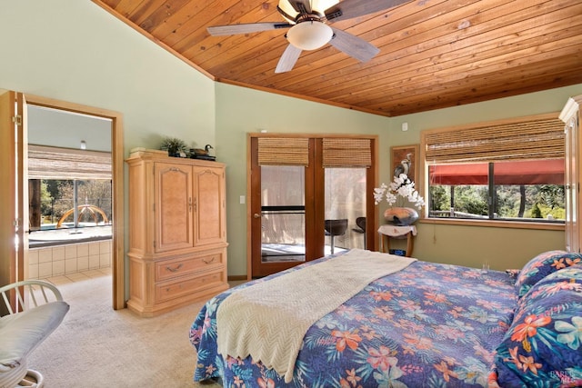 bedroom featuring light carpet, ceiling fan, wooden ceiling, and vaulted ceiling