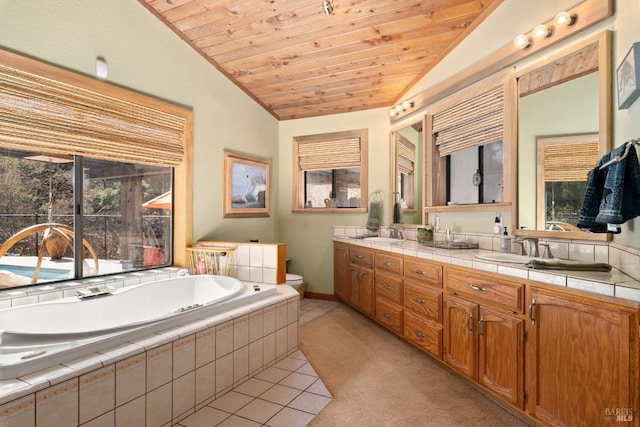 bathroom featuring lofted ceiling, wood ceiling, toilet, vanity, and tiled bath