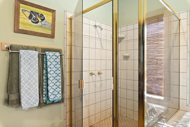 bathroom with a shower with shower door