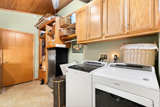 laundry area with sink, independent washer and dryer, cabinets, and wood ceiling