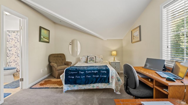 carpeted bedroom with vaulted ceiling, connected bathroom, and multiple windows