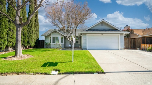 ranch-style house featuring an attached garage, fence, a front lawn, and concrete driveway