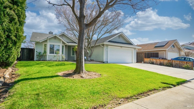 ranch-style house with a garage, fence, concrete driveway, a chimney, and a front yard