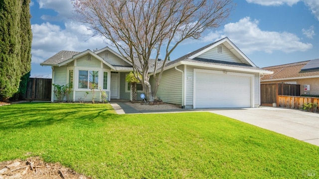 single story home with a garage, a front yard, fence, and driveway