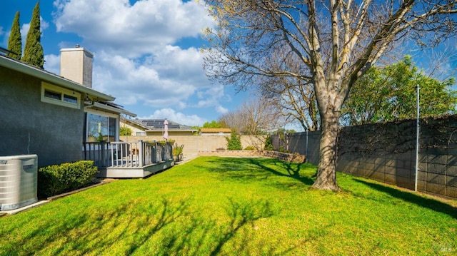 view of yard featuring a deck, cooling unit, and a fenced backyard