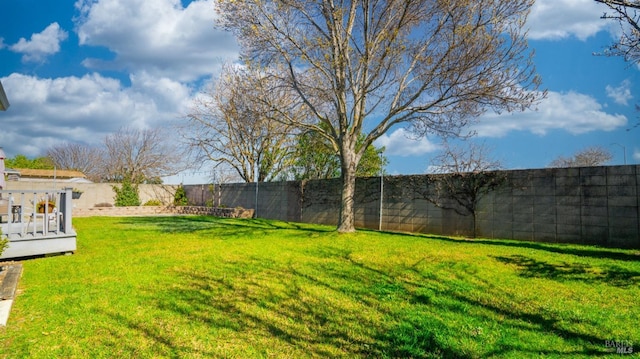 view of yard featuring a fenced backyard and a wooden deck