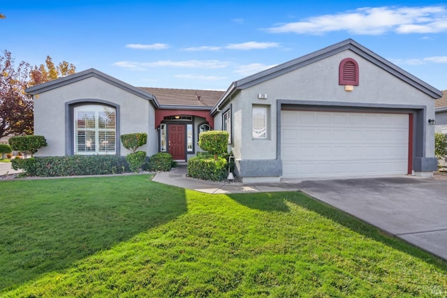 single story home featuring a front yard and a garage