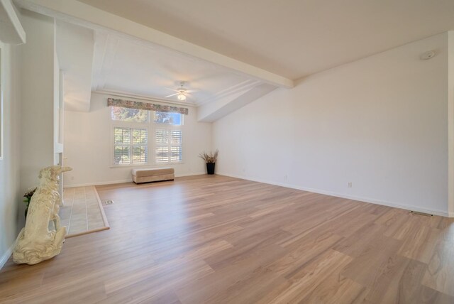 interior space featuring beam ceiling, light hardwood / wood-style floors, and ceiling fan