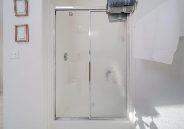 bathroom featuring a shower with door