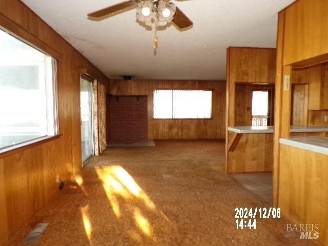 empty room featuring ceiling fan, a wealth of natural light, and wood walls