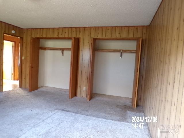 unfurnished bedroom featuring two closets, wooden walls, light colored carpet, and a textured ceiling