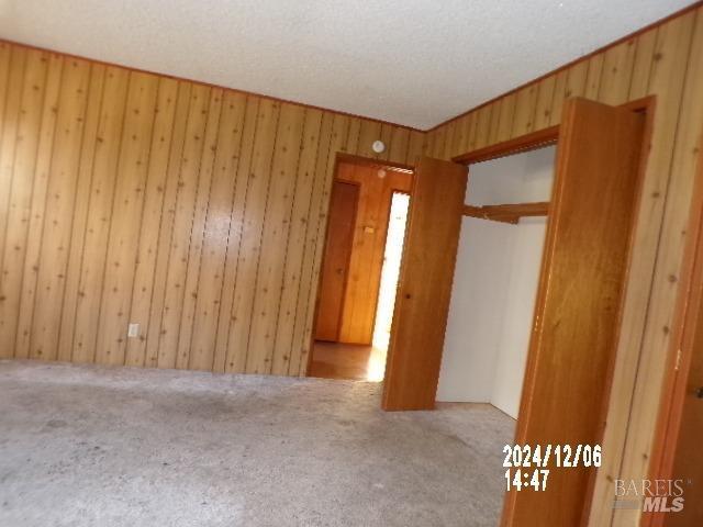 carpeted empty room featuring wooden walls