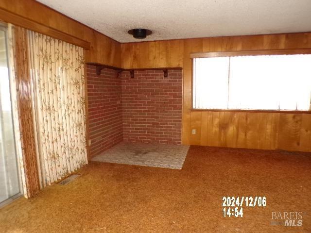 empty room featuring carpet flooring, a textured ceiling, and wooden walls