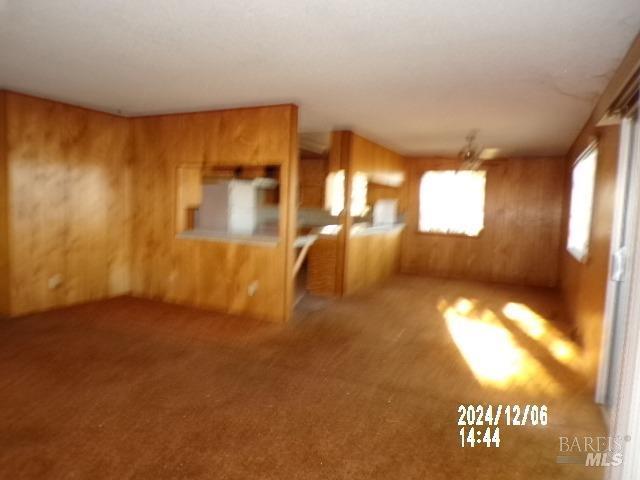 carpeted empty room featuring wooden walls