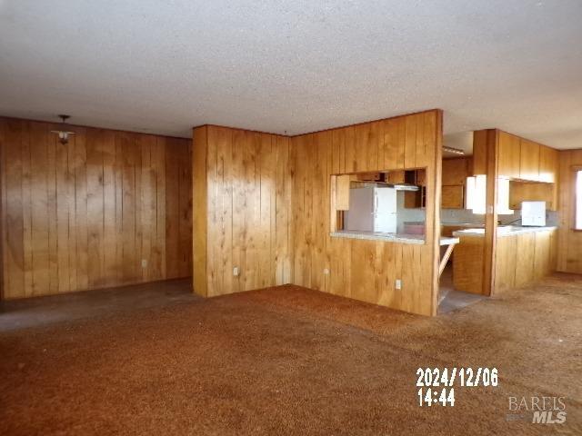 unfurnished living room featuring carpet floors, a textured ceiling, and wooden walls