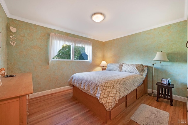 bedroom with crown molding and wood-type flooring