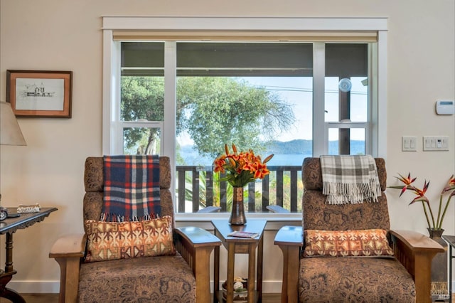 sitting room with a healthy amount of sunlight and hardwood / wood-style floors