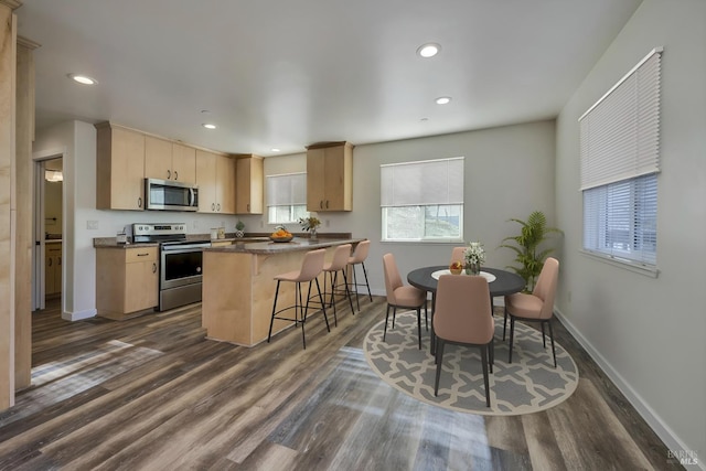 kitchen with a breakfast bar area, light brown cabinets, stainless steel appliances, and dark hardwood / wood-style flooring