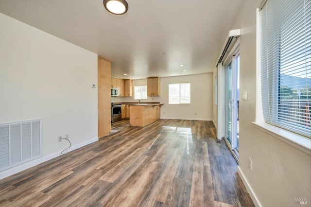 unfurnished living room featuring dark wood-type flooring and sink