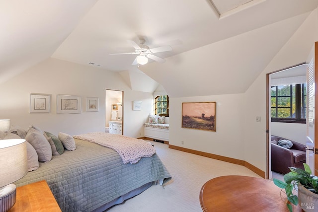 bedroom featuring lofted ceiling, light carpet, and ceiling fan