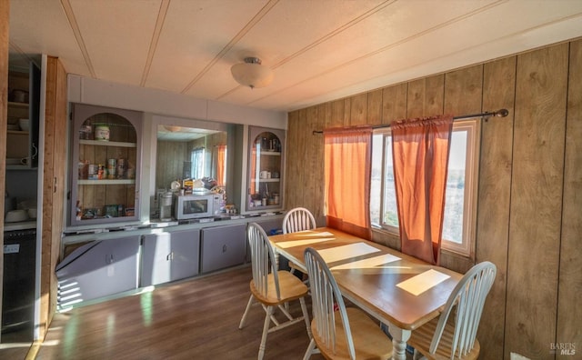 dining room with wood walls and dark hardwood / wood-style floors