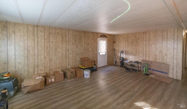 misc room featuring hardwood / wood-style flooring and wood walls