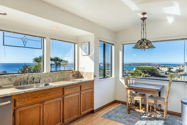 kitchen featuring hanging light fixtures, stainless steel dishwasher, light hardwood / wood-style floors, sink, and a water view