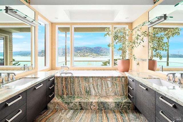 bathroom featuring vanity, a water view, and a wealth of natural light