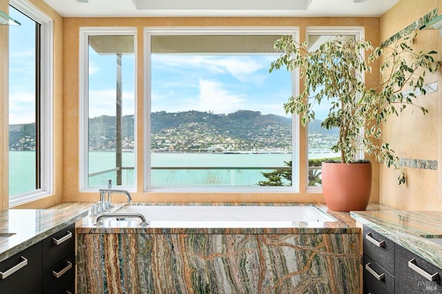 interior space featuring vanity, a water and mountain view, a healthy amount of sunlight, and a bath