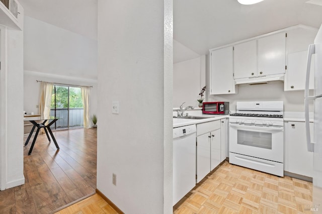 kitchen featuring light hardwood / wood-style floors, white appliances, sink, white cabinets, and high vaulted ceiling