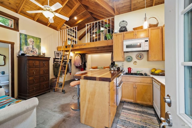 kitchen with decorative light fixtures, wooden ceiling, light brown cabinetry, wood counters, and white appliances