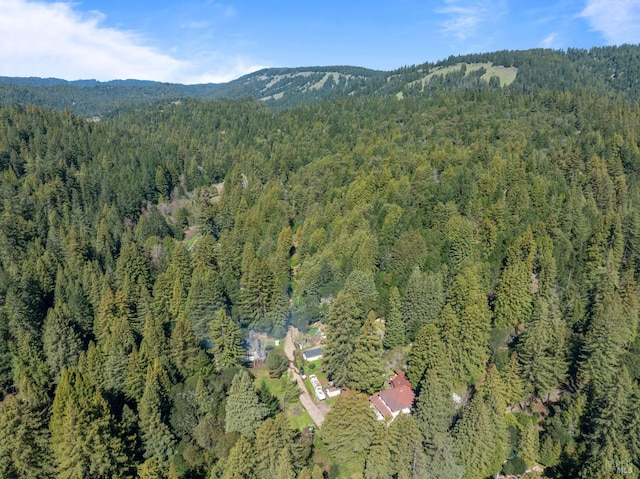 bird's eye view featuring a wooded view