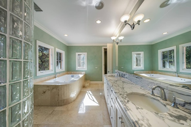 bathroom featuring vanity, crown molding, and tiled bath