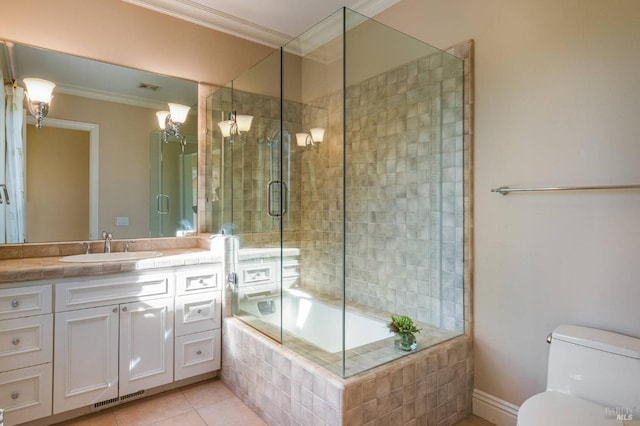 full bathroom with tile patterned flooring, toilet, crown molding, enclosed tub / shower combo, and vanity