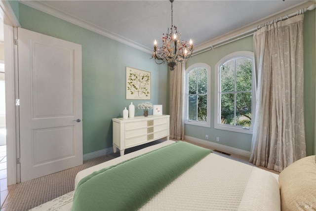 bedroom featuring crown molding and a notable chandelier