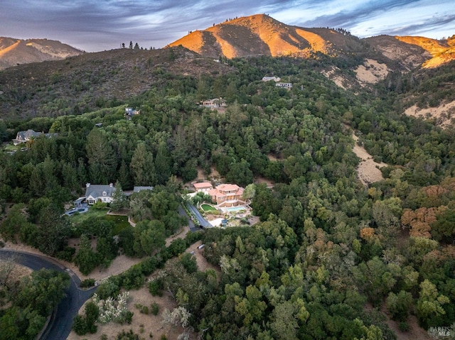 aerial view at dusk with a mountain view