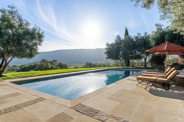 view of swimming pool featuring a patio and a mountain view