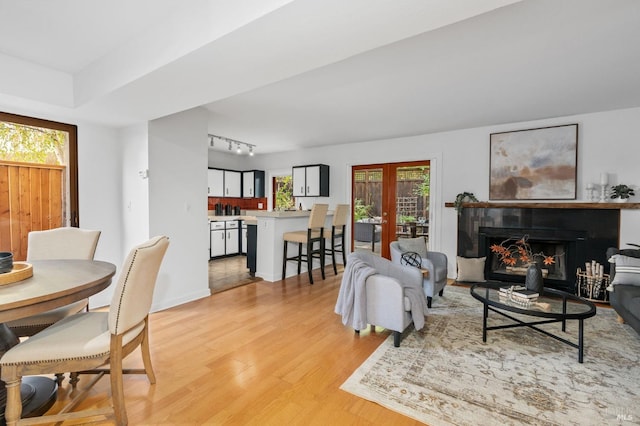 living room with french doors and light wood-type flooring