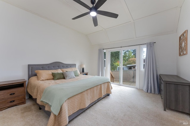 bedroom with lofted ceiling, access to exterior, light colored carpet, and ceiling fan