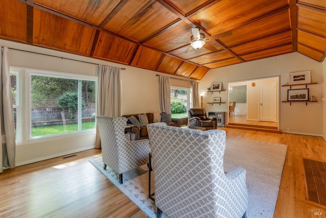 living room featuring ceiling fan, wooden ceiling, light wood-type flooring, and vaulted ceiling